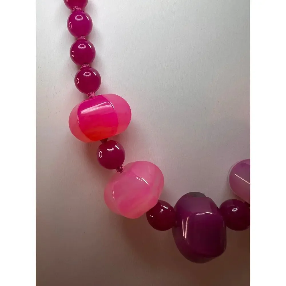 NEW Fuchsia pink dyed agate beaded necklace with sterling silver clasp